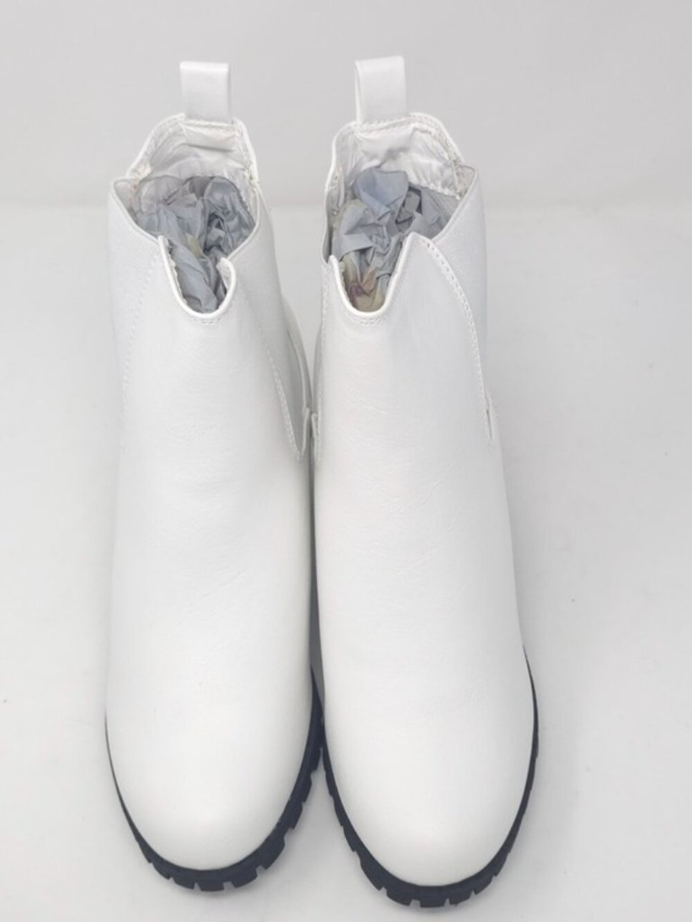 White Chunky Heel Ankle Boots Chelsea Style Platform Minimalist Trendy - Picture 10 of 10